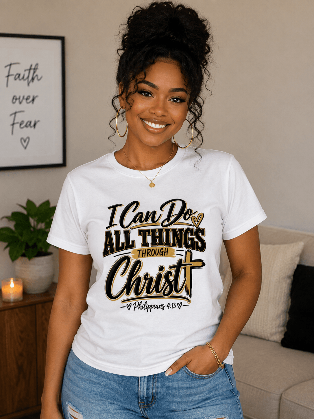 Woman wearing a white I Can Do All Things Through Christ graphic tee