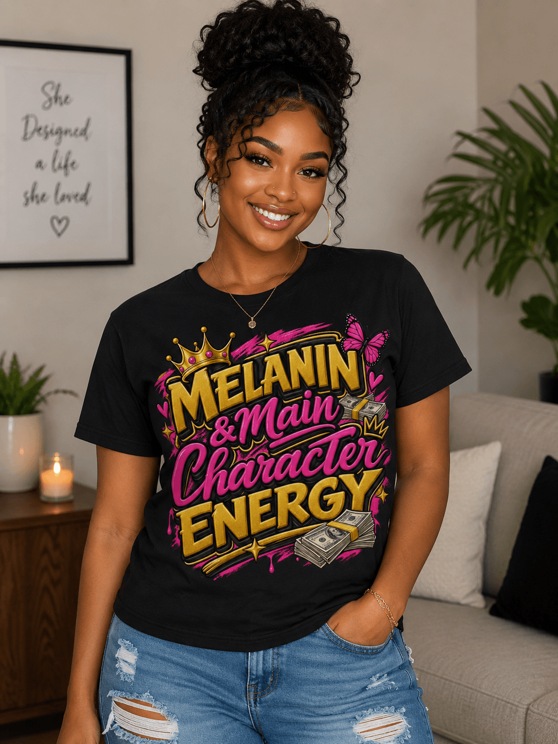 Woman wearing a black Melanin and Main Character Energy graphic tee